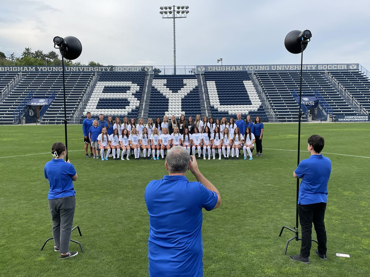 gregwrubell's tweet photo. Photo day for @byusoccer_w as head coach Jen Rockwood’s 2023 team reports for duty on Day 1 of training camp. 

Two-a-day practices start tomorrow; the annual Blue/White instrasquad game is set for Saturday night at South Field (7 pm MDT on the @byutv app). https://t.co/51kvZU6NYF