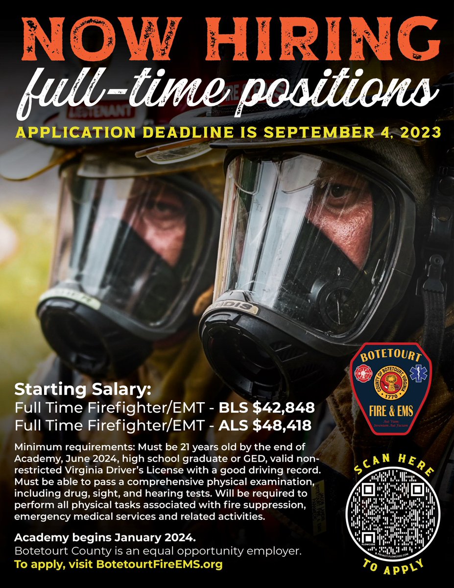 We’re Hiring for the January 2024 #Roanoke Regional Recruit Academy! Join the team today! Botetourtfireems.org

#hiring #jobs #firefighter #emt