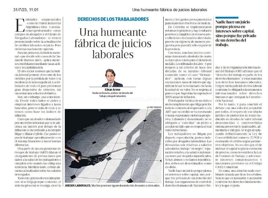 Columna periodística de opinión en La Voz sobre actualización de créditos laborales