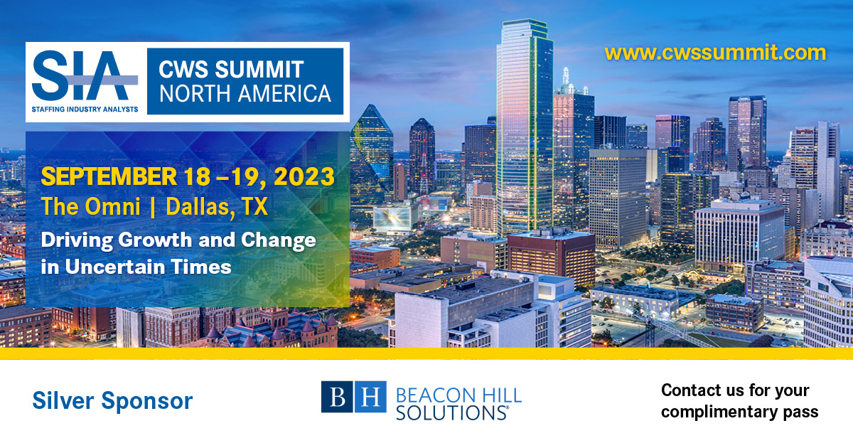 This year, Beacon Hill Solutions is one of the Silver Sponsors of Staffing Industry Analysts CWS Summit for North America! To contact SIA for a complimentary pass, visit cwssummit.com

#EmployingTheFuture #ExpertsAtWork #GoHire