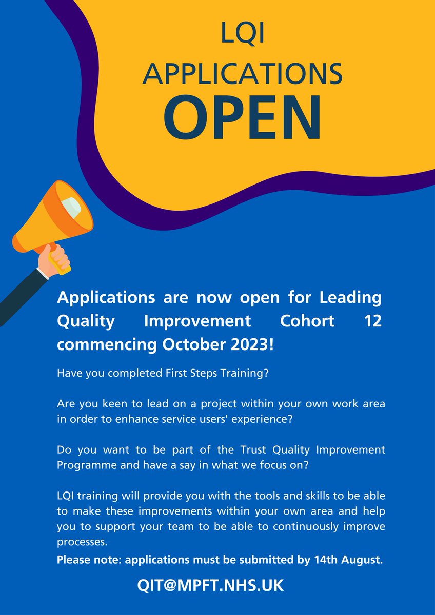 Applications have opened for the last LQI Cohort of 2023!

Please share with interested staff!

Email qit@mpft.nhs.uk for more information and to apply.