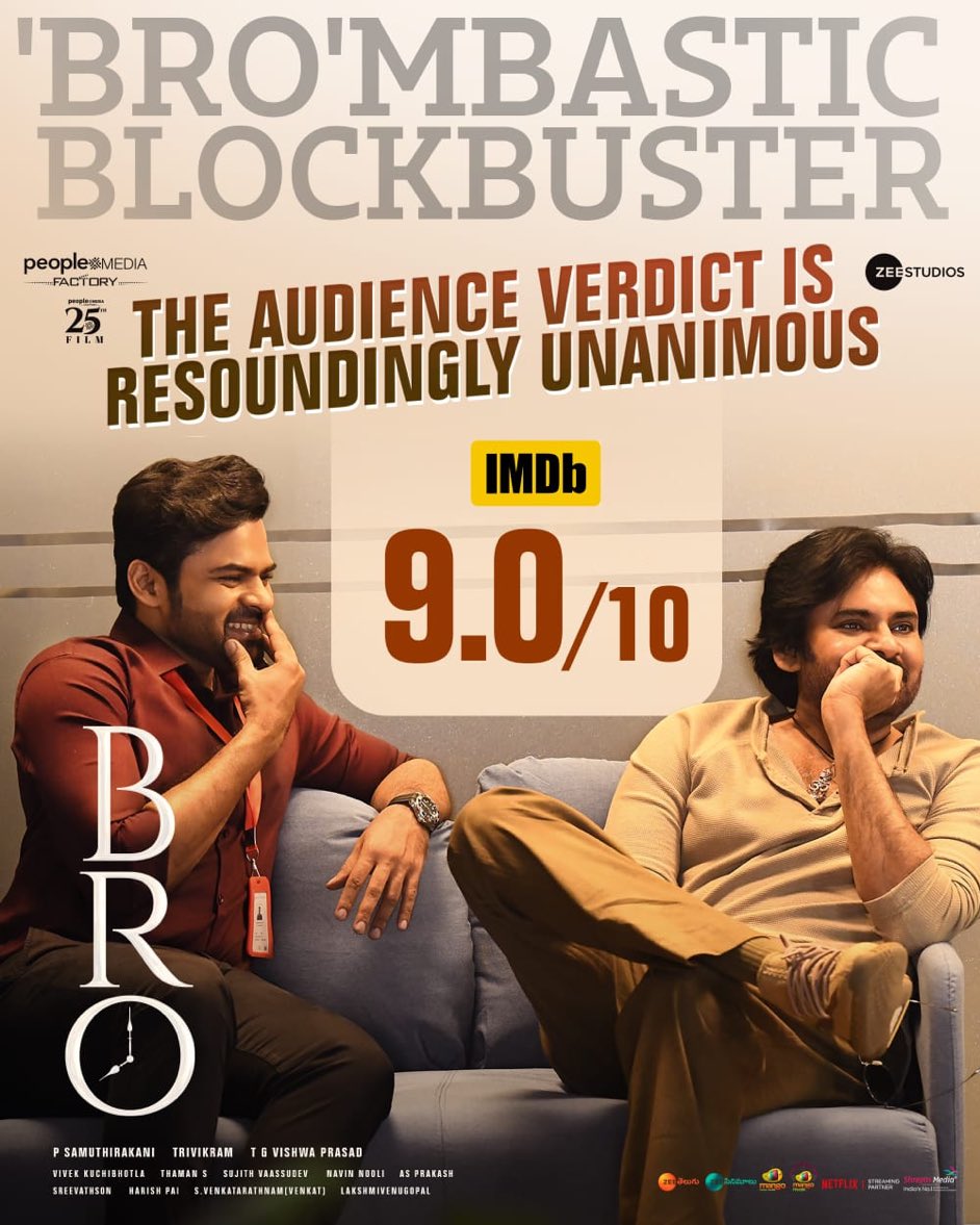 MissilePSPK's tweet photo. #BroTheAvatar gets rated 9/10 on IMDB 🔥 Clean and complete family entertainer ❤️😍

#BlockBusterBRO | @PawanKalyan | @IamSaiDharamTej https://t.co/b3t3Wm8Vqh