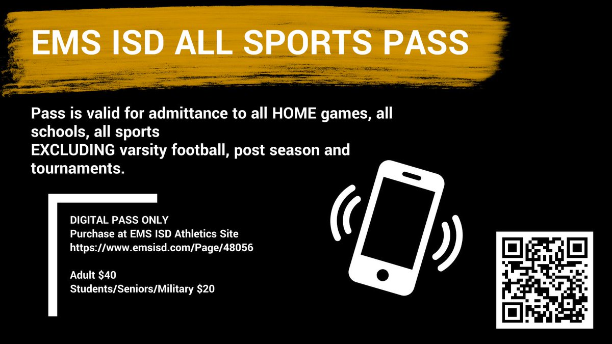emsisdathletics's tweet image. Grab your ultimate ticket to non-stop sports action!!!
Valid for all high school and middle school sports events excluding varsity football, postseason and tournaments. Sold online only. emsisd.com/Page/48056
#SupportOurAthletes #GameOn
