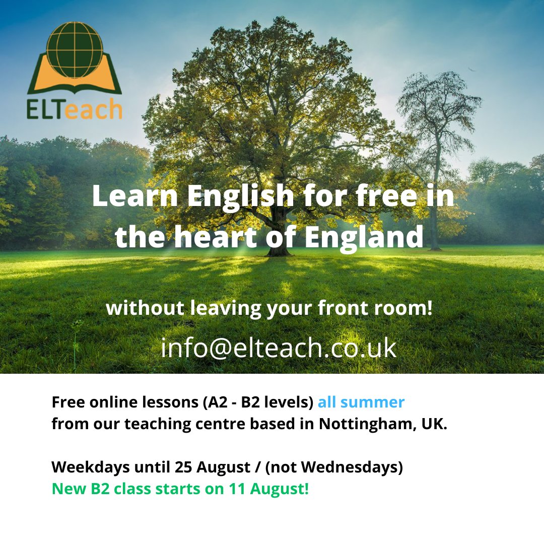 ELTeach (@elteach4) on Twitter photo B2 and A2 English students - free morning classes available.
Start time 09.00 (UK time)
Please write to info@elteach.co.uk if you're interested. B2 and A2 English students - free morning classes available.
Start time 09.00 (UK time)
Please write to info@elteach.co.uk if you're interested.