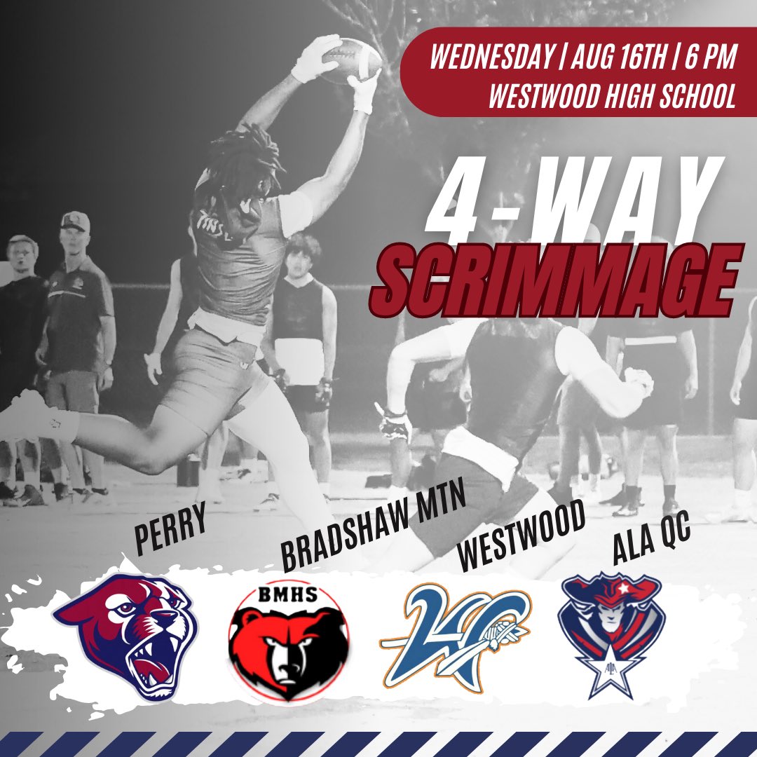 perrypumas's tweet photo. 🗓️Wednesday, August 16th at 6:00 PM! 4-Way Scrimmage with #Perry #Westwood #Bradshaw #ALAQC 🏈🐾 https://t.co/zWG75LgSOJ