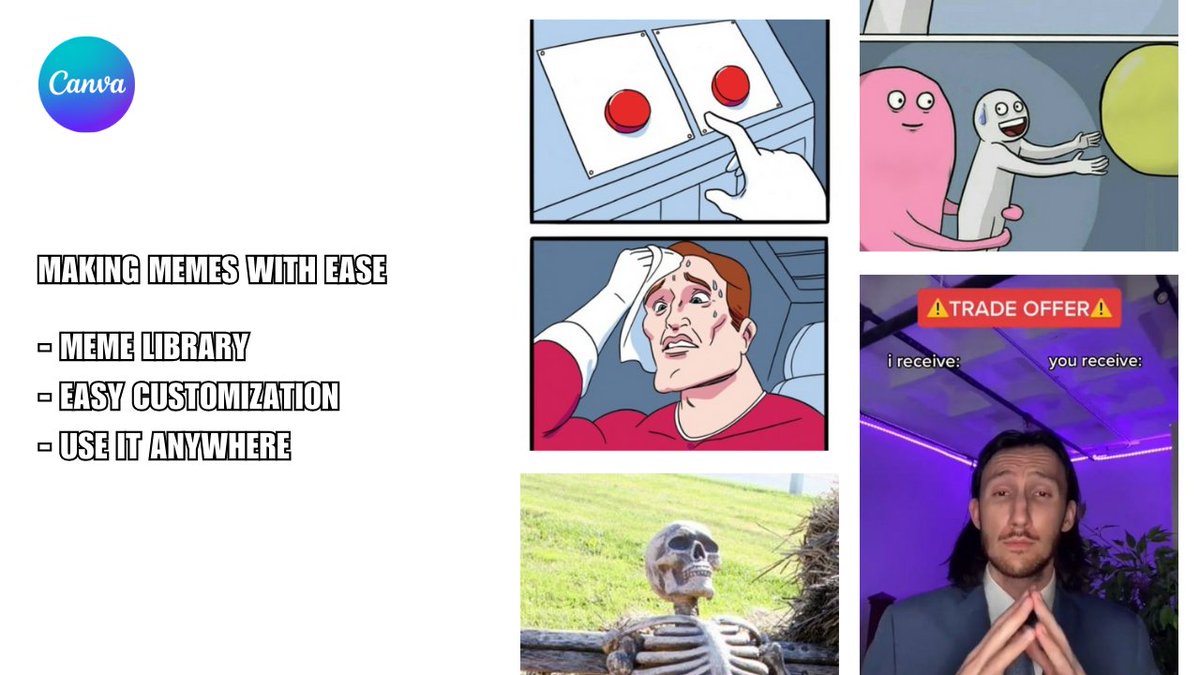 🚨GIVEAWAY ALERT🚨

Everybody loves memes😍

But just a few know how to create them.

So I created:

The Canva Meme Package!

Making Memes has never been easier!

It's free for 48h - after that, you have to pay🎁

To get it via DM:
- Follow
- Like
- Comment "Meme"

Get it now!🔔