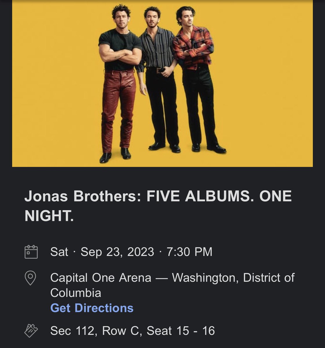 bruns25's tweet photo. ❗️❗️Selling ❗️❗️

2 tickets to #JonasBrothers  concert on Sept 23, 2023 @ Capital One Arena 

Gold VIP Package 
Sec 112, Row C, Seat 15-16

$600 each/OBO - PayPal G&amp;S only! https://t.co/u3nZ4ILgWN