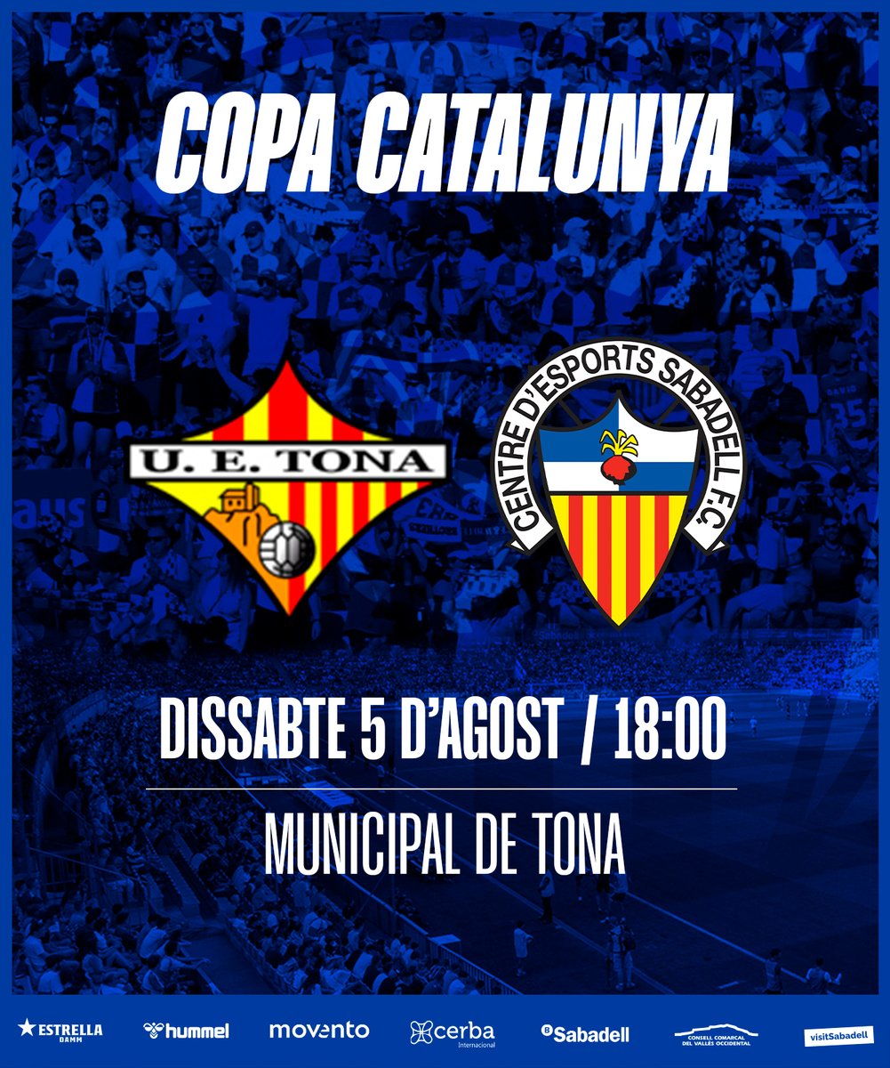 CESabadell's tweet photo. 🔥 𝐂𝐎𝐏𝐀 𝐂𝐀𝐓𝐀𝐋𝐔𝐍𝐘𝐀 🔥

🆚 @FundacioUETona

🏟️ Municipal de Tona
📅 Dissabte 5 d'agost
⌚ 18:00 h
📲 Minut a minut @CESabadell
🎟️ Entrades: 5€ (socis CES)

🖥  @laxarxames

💙 𝑱𝒖𝒏𝒕𝒔, 𝑨𝒓𝒍𝒆𝒒𝒖𝒊𝒏𝒂𝒕𝒔 🤍

#TonaSabadell | #EscollimElSabadell https://t.co/FChnGhhcB8