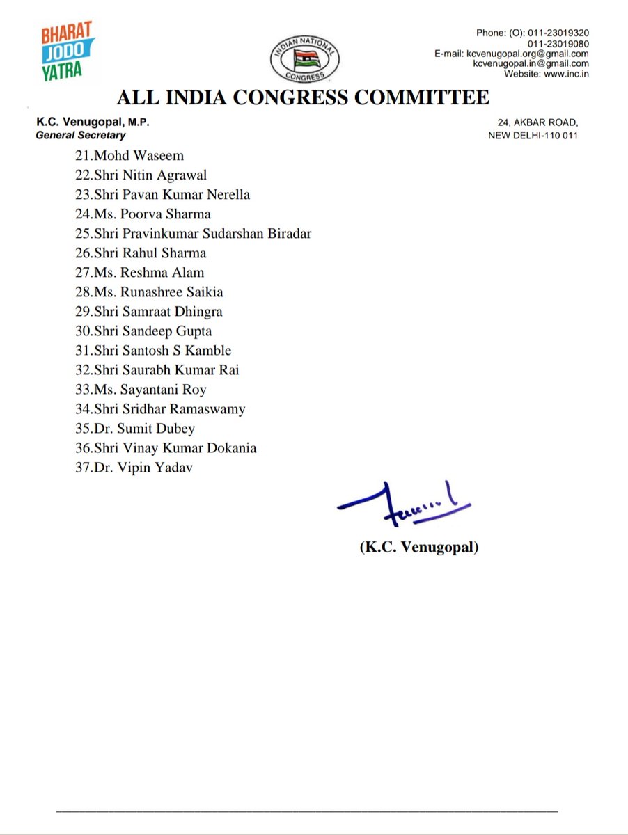 Hon'ble Congress President has approved the proposal for the appointment of new and restructured team for Social Media and Digital Platforms, AICC, as follows,with immediate effect.