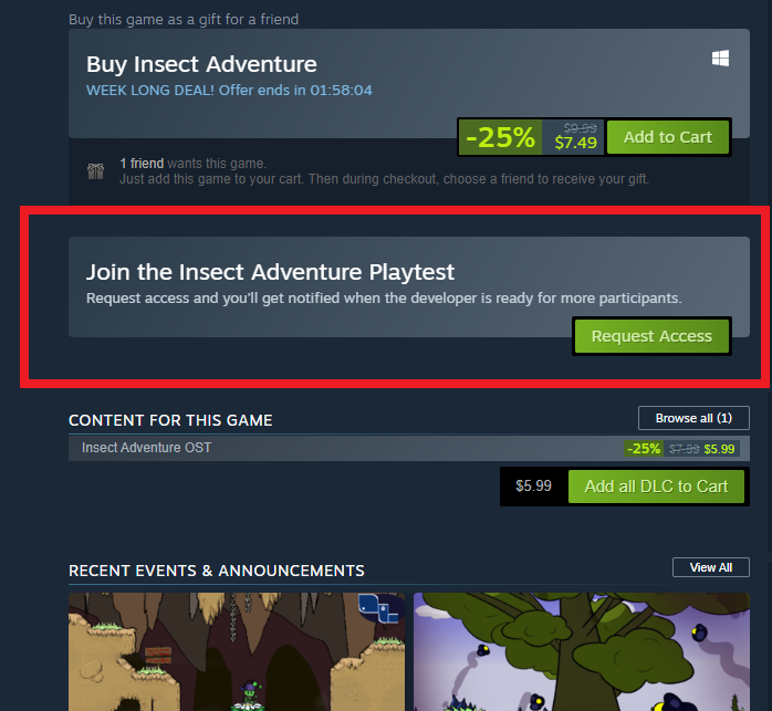 MAYOFORCE's tweet photo. The playtest is now open! Click on the green button here in the steam store page to apply. I set the test to "open" so anyone with access should be able to play. #metroidvania #InsectAdventure https://t.co/HYWbRCqsHC