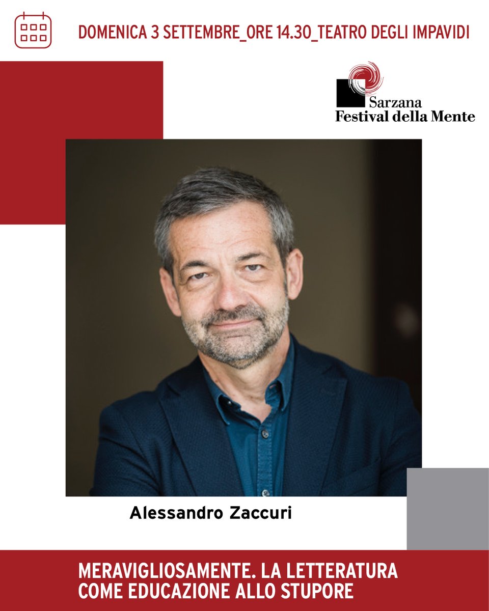 🔴 ALESSANDRO ZACCURI ⚫
• Meravigliosamente. La letteratura come educazione allo stupore •

📅 evento n. 24 | domenica 3 settembre, ore 14.30
📍 Teatro degli Impavidi
info evento 👉🏻 festivaldellamente.it/it/?p=19684

#FdM23 #festivaldellamente #meraviglia <a href="/AlessZaccuri/">Alessandro Zaccuri</a> <a href="/MarsilioEditori/">Marsilio Editori</a>