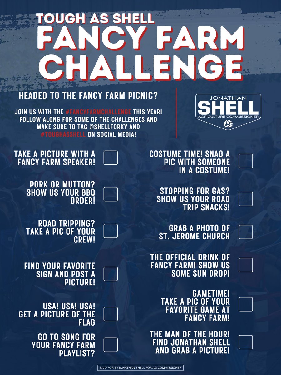 ShellforKY's tweet photo. It is that time of year again!
Join us down in West Kentucky and take part in the ‘Fancy Farm Challenge’ with us! Check out the details below andI hope to see you all at Fancy Farm!
#ToughAsShell #FancyFarmChallenge https://t.co/zM4plgrZ4Z