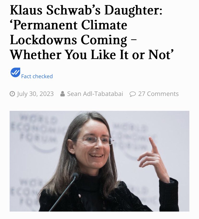 preppers_uk's tweet photo. Klaus Schwab’s daughter says permanent climate lockdowns are coming and you won’t have a choice

Presumably the elites will still get to keep their private jets while we’re locked in our pods https://t.co/yX7l4BYAo0