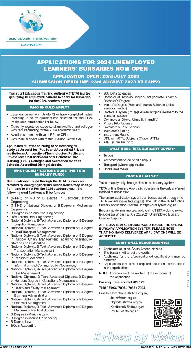 APPLICATIONS FOR 2024 UNEMPLOYED LEARNERS’ BURSARIES NOW OPEN!

Transport Education Training Authority (TETA) invites qualifying unemployed learners to apply for bursaries for the 2024 academic year.

WHAT DOES THE BURSARY COVER?

- Tuition
- Accommodation on or off campus
-
