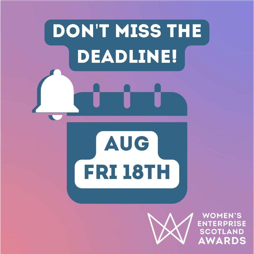 On 18 August entries for the Women's Enterprise Scotland Awards close. Don't miss the deadline to apply or nominate. Let's see women from across Scotland celebrate their business achievements. For all the information you need, visit: wescotland.co.uk/awards2023 WESAwards2023