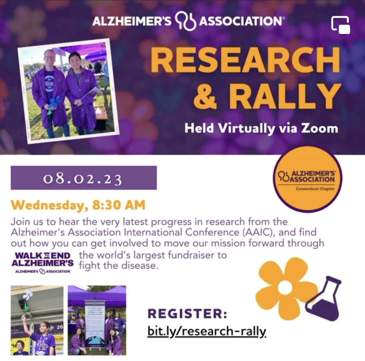 Blood tests, hearing aids, new treatments, the benefits of VOLUNTEERING! 
Join us virtually at 8:30am on August 2nd, to hear all the very latest research from #AAIC23 & to hear how you can help move our mission forward.
Register at bit.ly/research-rally 
Hope to see you then!!!