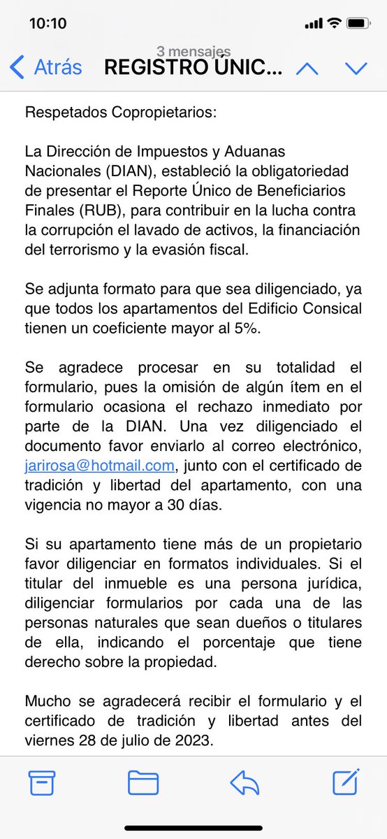 Duranchis1's tweet photo. @DIANColombia Quisiera saber si la información de esta notificación es realmente de la DIAN, porque solicitan enviar info a un correo de hotmail y no a uno institucional. https://t.co/XPr6ezKKE5