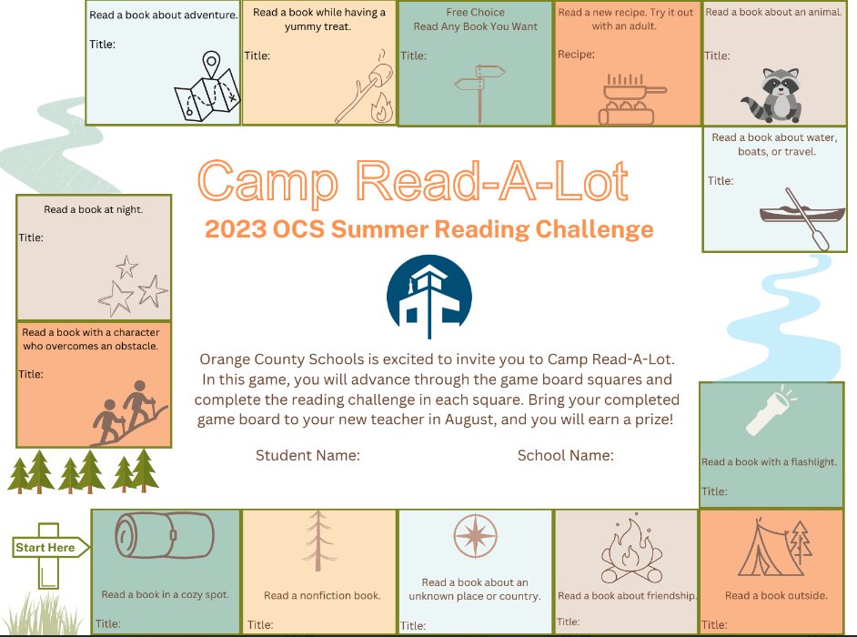 Ambra_Wilson's tweet photo. @OrangeCoSchools hopes ALL students in grades K-7 are playing Camp Read-A-Lot with us! All students in Summer Scholars programming  got a new gameboard last week and the game board is available at OCS webpage! LET'S KEEP READING! 📚🌟📚 https://t.co/Z65VCLtvtj