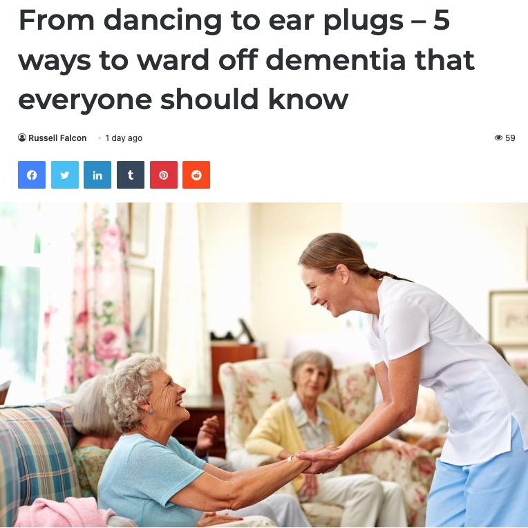DrPeterLovatt's tweet photo. From Dancing to ear plugs - 5 ways to ward off dementia that everyone should know- by Russell Falcon
Listen to your ears
Throw your best moves (and read The Dance Cure 💃📖🕺)
Sleep well
Breathe clean
Take a mindful walk
#thedancecure #moveassure
https://t.co/e6olF3ZhWu https://t.co/3tAKfTvxSg