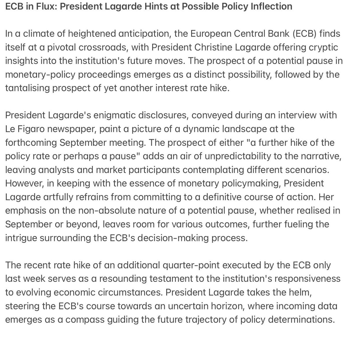 theeconcurrent's tweet photo. #ECB President Lagarde's mysterious clues have the financial world on the edge of its seat! A potential pause in monetary policy or an intriguing interest rate hike? September's meeting holds the key! 🗝️💼 #ECBOutlook #FinanceNews #MonetaryPolicy #ECB #interestrates📈🌐 https://t.co/Kc31yaLdWn