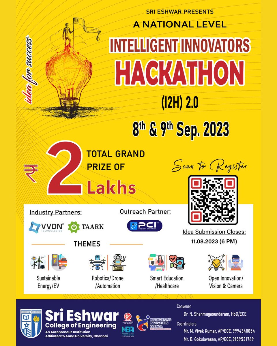 srieshwar_cbe's tweet image. Join Sri Eshwar for the National Level Intelligent Innovators Hackathon (12H) 2.0 on the 8th and 9th of September 2023, where brilliant minds compete for 2 Lakhs Grand Prizes in an exhilarating display of innovation and creativity. 

#sece #srieshwar #hackathon #hackathon2023