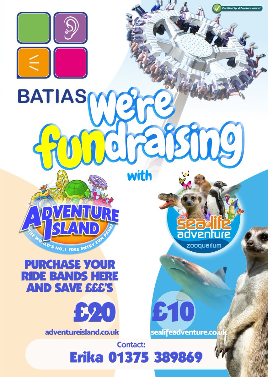BATIAS's tweet image. get your discounted vouchers for Adventure ISland and Sea life Centre Southend from us and help raise vital funds for our cause today!
contact Erika on 01375 389869 for details