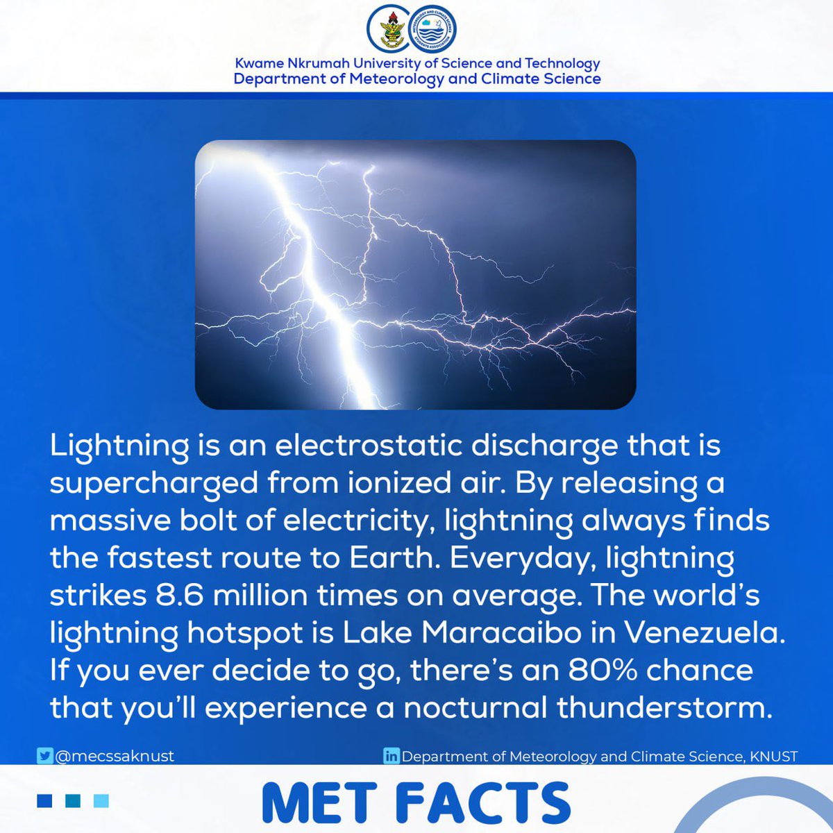 mecssaknust's tweet photo. [MET FACTS]
DAY 18

“Did You Know That Lightening Strikes 8.6 Million times a day? 🤯⚡”

#EarlyWarningEarlyAction | #MetFacts https://t.co/9Zc68OzxUh
