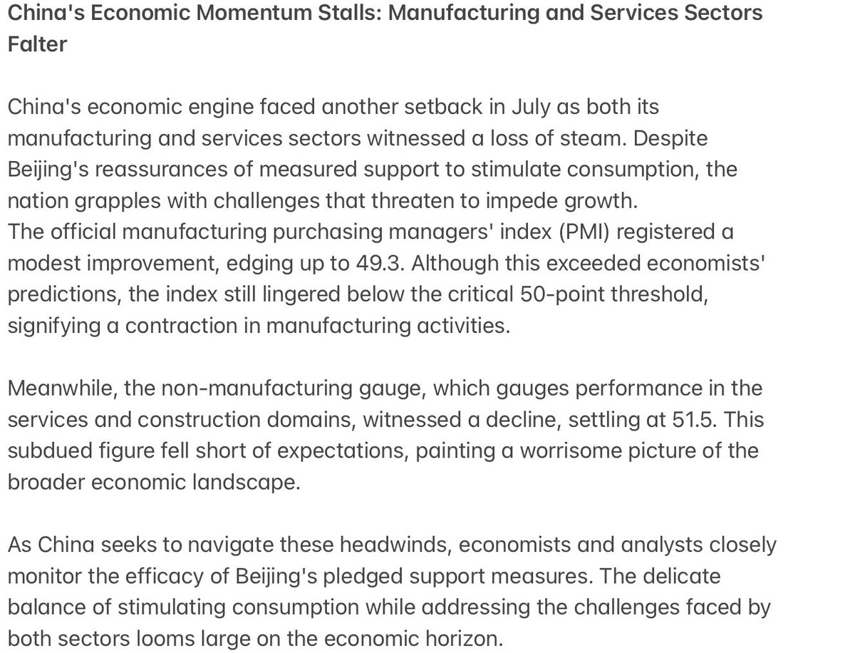 theeconcurrent's tweet photo. 📉🇨🇳 #China's Economic Engine Stalls: Manufacturing contracts &amp; services sector weakens in July. Official PMI rises slightly to 49.3, but remains below the expansionary 50-mark. Non-manufacturing gauge eases to 51.5, below expectations. #ChinaEconomy #PMI #economicgrowth https://t.co/JpSK926Szg