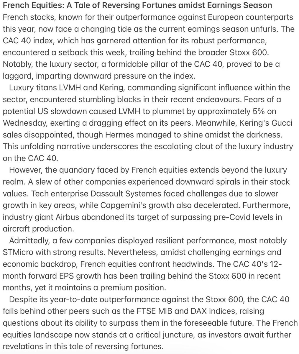 theeconcurrent's tweet photo. 🇫🇷📉 French Equities at a Crossroads: CAC 40's outperformance faces headwinds amidst earnings season. Luxury giants stumble, tech &amp; aviation sectors feel the heat. Can CAC 40 reclaim the lead? #FrenchEquities #EarningsSeason 📊💼 https://t.co/Hb6WpZGssG
