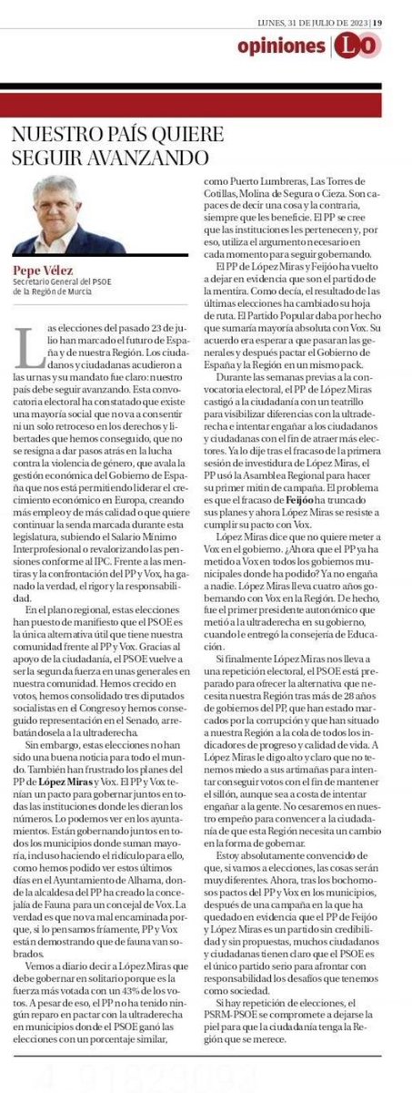 pepevelez_'s tweet photo. Cada día que pasa Feijóo y López Miras dejan aún más claro que la mentira es su seña de identidad.

Si se repiten las elecciones, el @PSOE_RM está preparado para ofrecer la alternativa que necesita nuestra Región tras más de 28 años de gobiernos del PP. https://t.co/Zet3RnagIC