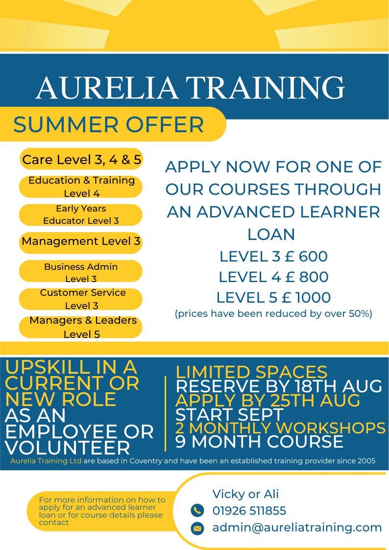 AureliaTraining's tweet photo. SUMMER SALE!
Upskill yourself at a fraction of the cost, using an Advanced Learner Loan.
Limited Spaces! ACT NOW! #sale #loan #ActNow https://t.co/X5uRhpls8u