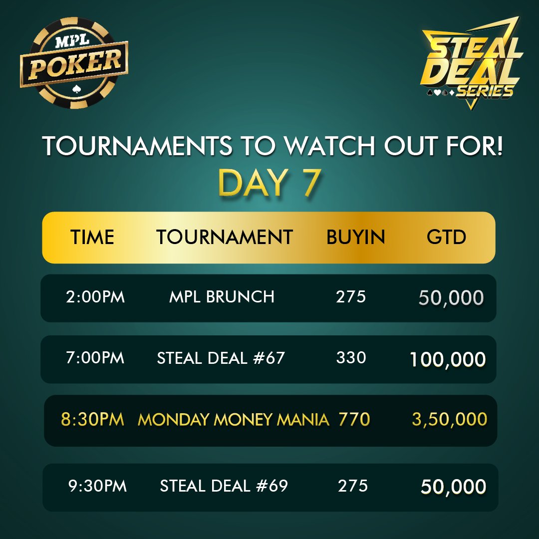 It's a steal! Tournaments to watch out for today. Let’s Poker ♣️ #StealDealSeries Download the MPL Pro app NOW! (Link in bio) #Poker #LetsPoker #MPLPoker #pokerindia #pokeronline #Pokerlife #pokergrind