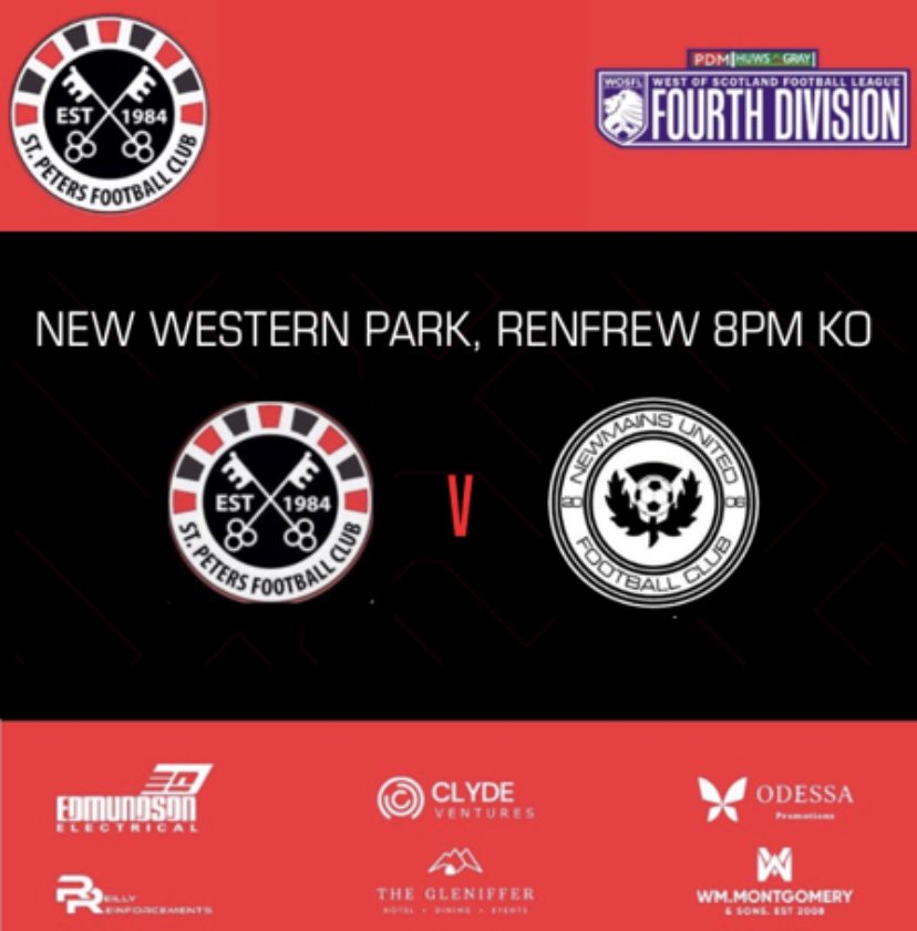 1st home game of the new <a href="/OfficialWoSFL/">West of Scotland Football League 🏴󠁧󠁢󠁳󠁣󠁴󠁿</a> season sees us welcome <a href="/NewmainsUtdFC/">Newmains United Community FC</a> to New Western Park on Wednesday night

Season tickets valid 
Adults £5
Concessions £3
Kids U16s free entry 

Would be great to see the St Peter’s age groups backing the boys &amp; making noise 🇾🇪🥁⚽️