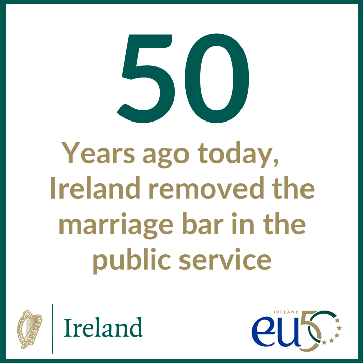 dfatirl's tweet photo. 50 years ago today, 🇮🇪 removed the Marriage Bar in the public service – the requirement for women to resign once married. This was a key milestone in our journey towards equality.
Find out how EU membership supported social change in our #EU50 series 👉
https://t.co/JmKFeLhalu https://t.co/GVf7iI8AFk