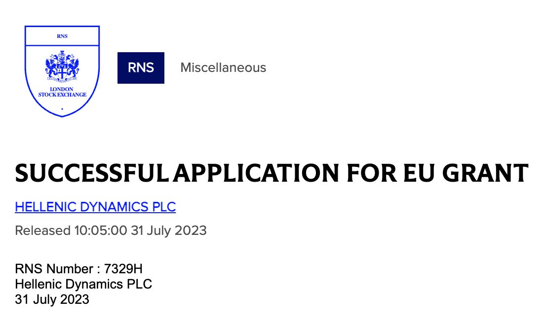 HellenicDynamic's tweet image. Hellenic Dynamics is delighted to announce that we've received a €304,425 European Union grant via the EU Horizon Europe project, as announced in the European Commission's Funding and Tenders' Portal.

You can read full details via the RNS link below ⬇️

tinyurl.com/4vjyecac