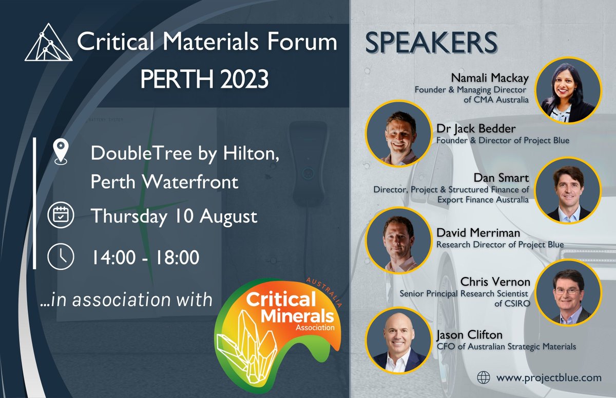 Project Blue (@theprojectblue) on Twitter photo 📢 Join <a href="/theprojectblue/">Project Blue</a> and the <a href="/CMA_AUS/">Critical Minerals Association Australia</a> for a free networking event in #Perth, Western #Australia.
ℹ️ It is free to attend, but registration is essential: forms.zohopublic.eu/projectblue315…
#Lithium #cobalt #rareearths #nickel #graphite #vanadium #manganese #criticalminerals 📢 Join <a href="/theprojectblue/">Project Blue</a> and the <a href="/CMA_AUS/">Critical Minerals Association Australia</a> for a free networking event in #Perth, Western #Australia.
ℹ️ It is free to attend, but registration is essential: forms.zohopublic.eu/projectblue315…
#Lithium #cobalt #rareearths #nickel #graphite #vanadium #manganese #criticalminerals