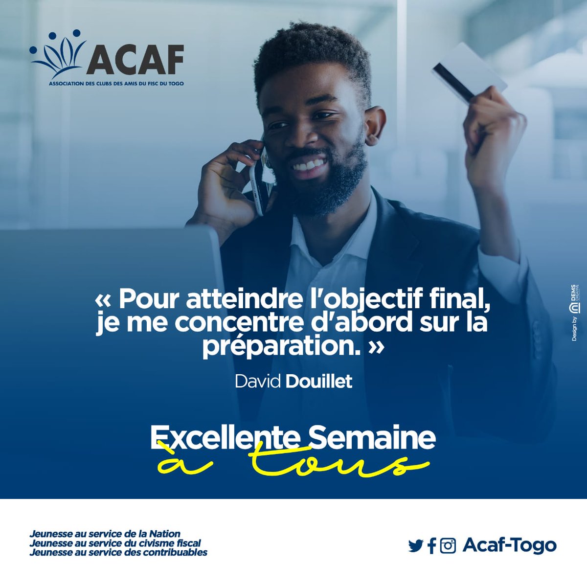 acaftogo's tweet photo. 📌 La réussite d'un projet dépend de la préparation 💪
Passez une merveilleuse semaine avec ACAF-TOGO✨😇
#motivation
#civismefiscal 
#ACAF-Togo https://t.co/JRMGnhWBV3