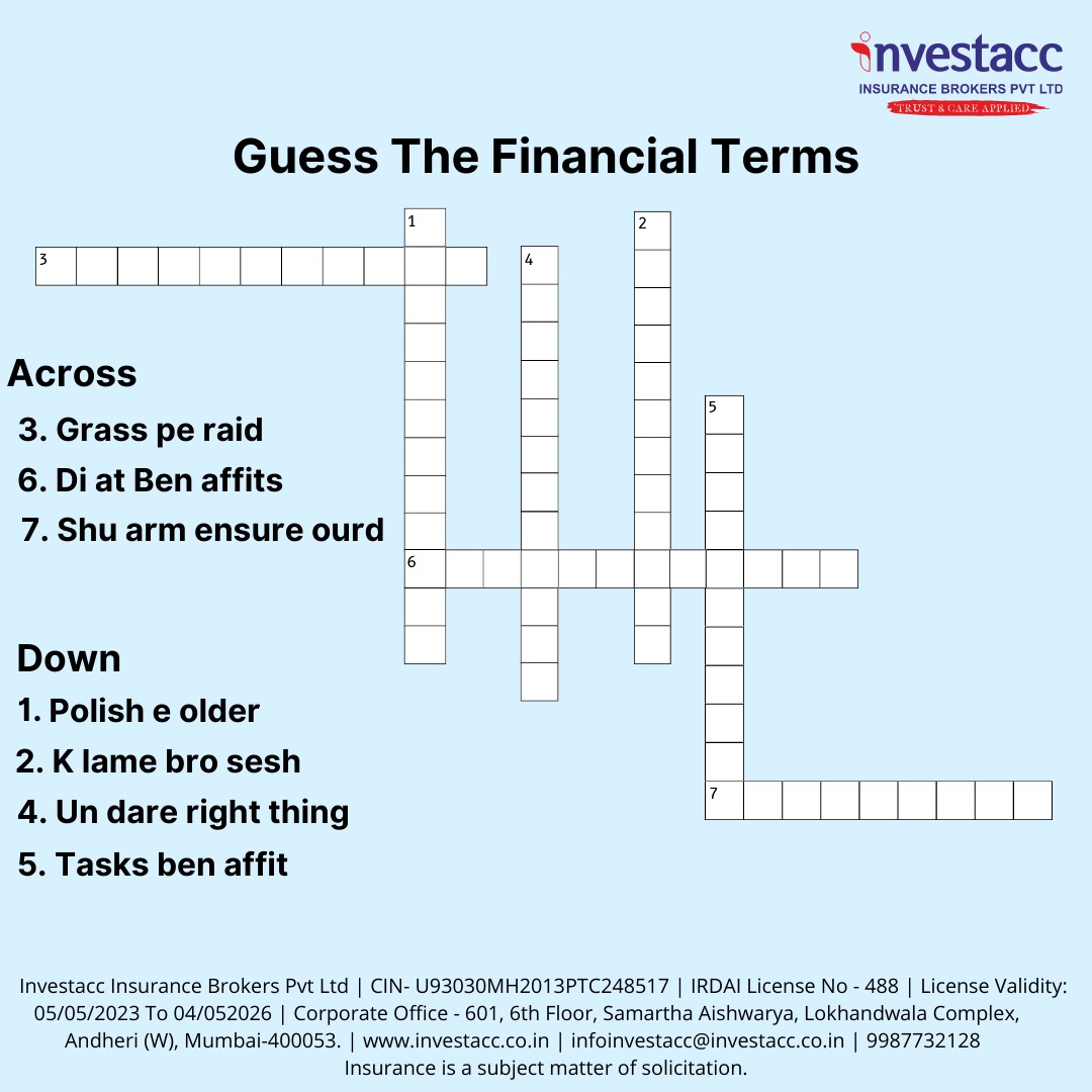 InvestaccINC's tweet photo. Take some time off your work and let's play a fun puzzle! Guess the financial terms from the hints given as gibberish terms. Comment below with all the answers.
.
.
.
.
.
#Investacc #Insurance #Finance #FinancialTerm #InsurancePolicy #Claim https://t.co/h82qLkWsiT