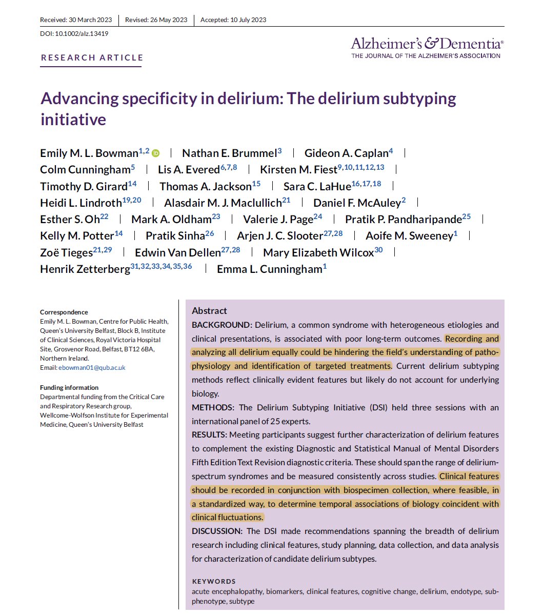 Should #delirium be regarded only as "all-cause delirium"?

No.

In this paper, "we suggest that delirium research needs to evaluate the relationship b/t distinct clinical phenotypes &amp; the discrete pathophysiological pathways underlying them."

Link: doi.org/10.1002/alz.13…