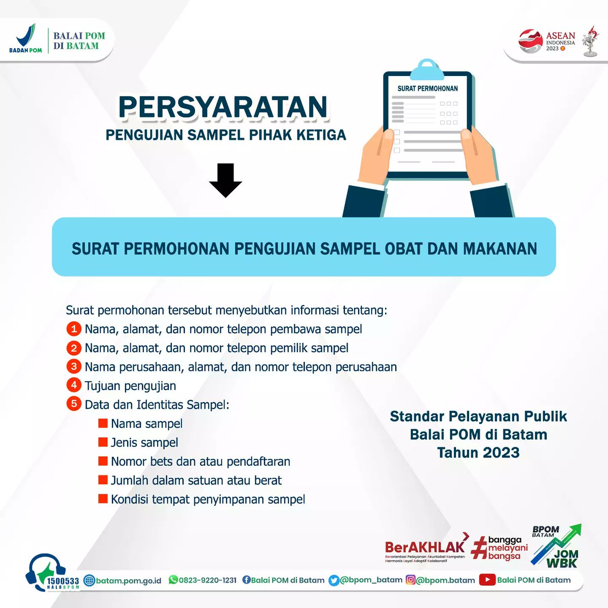 bpom_batam's tweet image. yuk simak Standar Pelayanan Publik untuk Layanan Pengujian Sampel Pihak Ketiga berikut ini.
1. Prosedur
2. Persyaratan
2. Waktu Penyelesaian
3. Tarif/biaya.

#BPOMBatam #StandarPelayananPublik #Pengujian #SampelPihakKetiga #PengujianKimia #PengujianMikrobiologi #PengujianPangan
