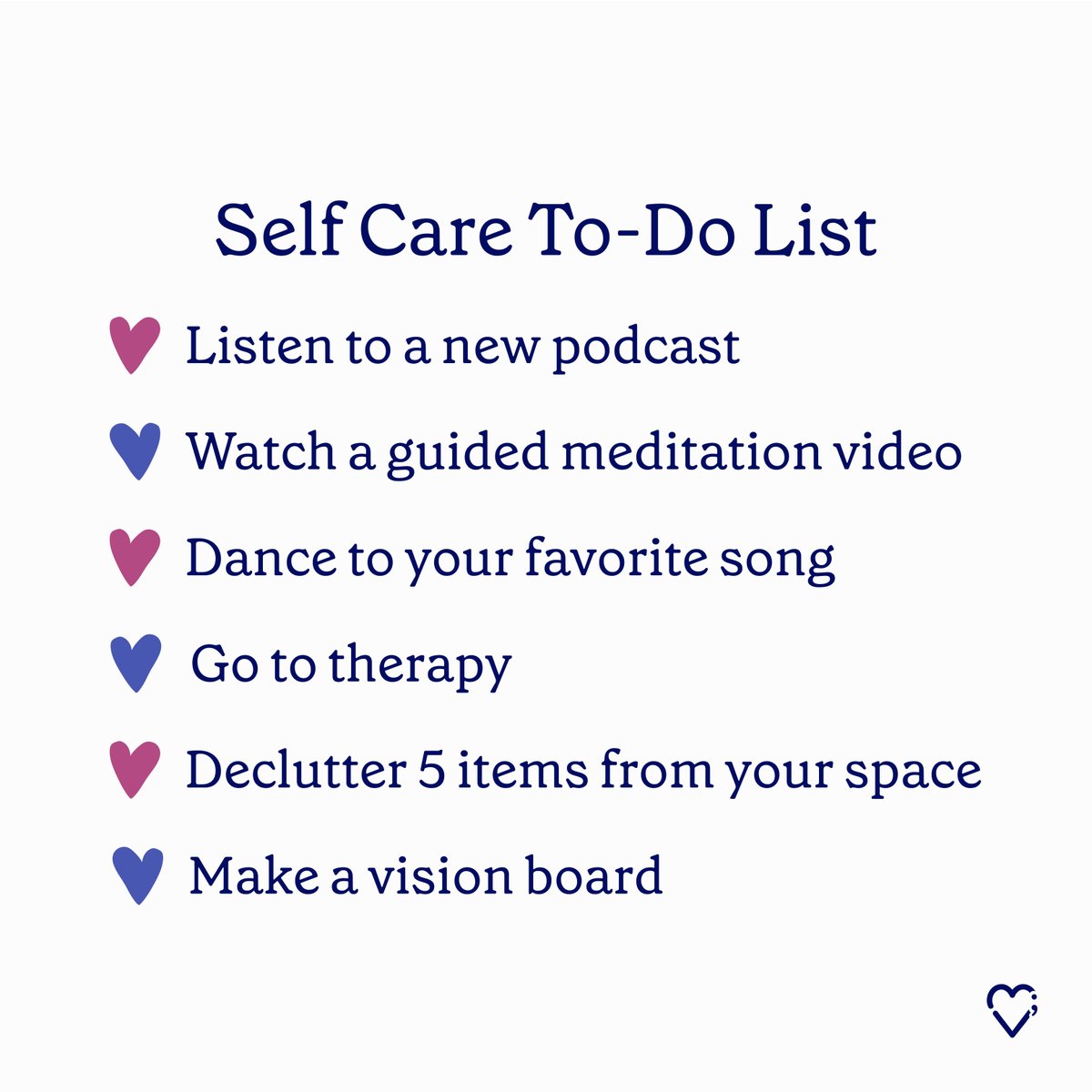 ValeraHealth's tweet photo. This self-care to-do list was created by our wonderful clinical intern Ellie! 💙 What's on your self-care to-do list? 📝
#mentalhealthcare #mentalhealth #mentalhealthmatters #remotetherapy #mentalhealthsupport #selfcareroutine #selfcareisntselfish #selflove https://t.co/OjUfk521K3