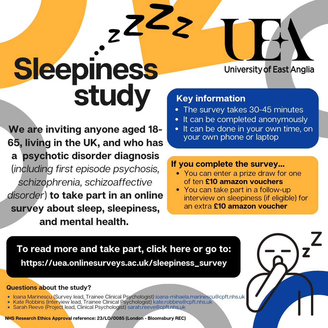 We are inviting anyone age 18-65 (UK-based) who has a diagnosis of a psychotic disorder to complete our online survey and follow-up interview on sleepiness Link: uea.onlinesurveys.ac.uk/sleepiness_sur…