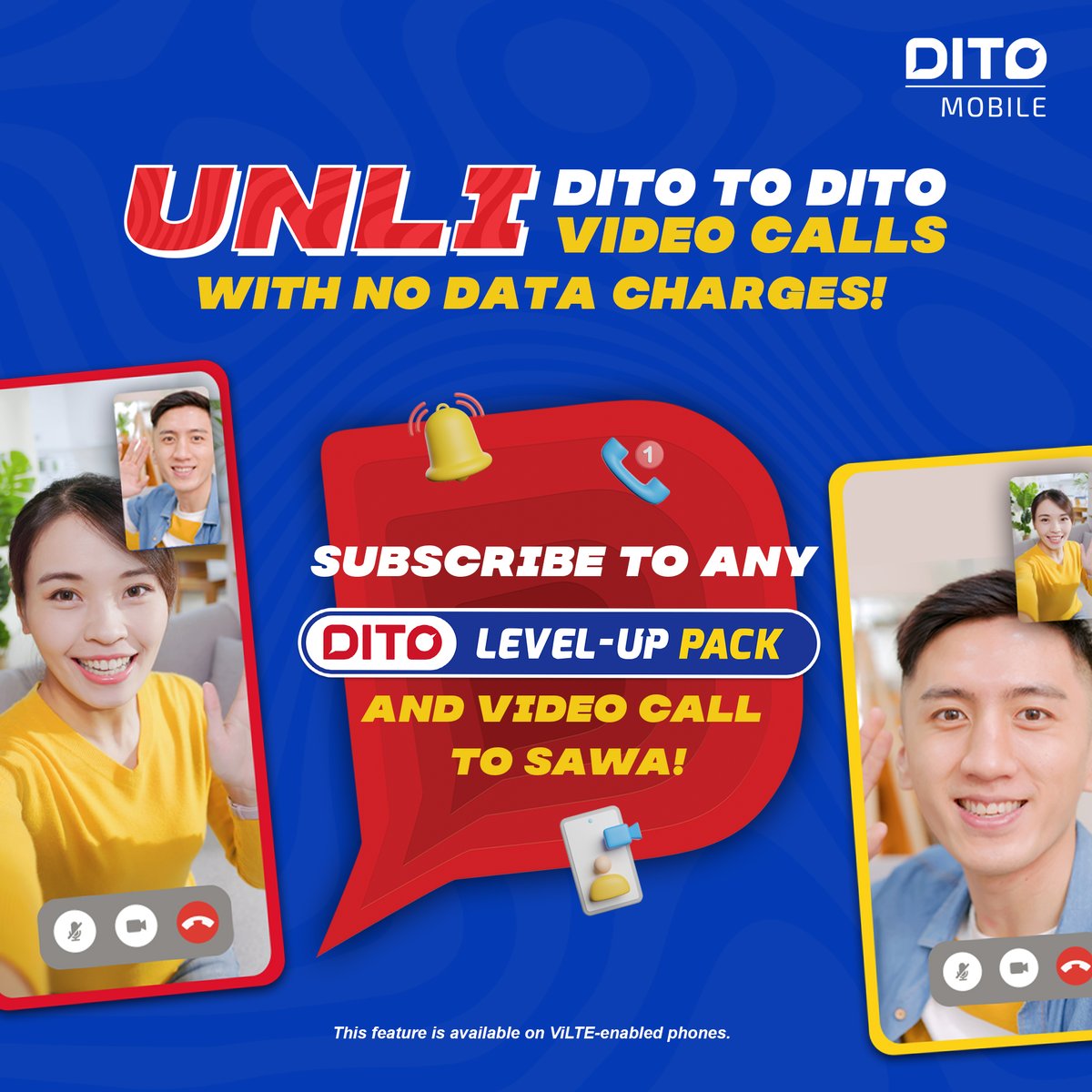 DITOphofficial's tweet photo. Video call to sawa with family &amp; friends! 🤳

Enjoy unlimited DITO to DITO video calls with no data charges* when you subscribe to any DITO Level-Up Pack via the DITO App 👉 https://t.co/wYzhIRvW8d

Learn more: https://t.co/8SA0KtjqIy https://t.co/e8R6N52ZYw
