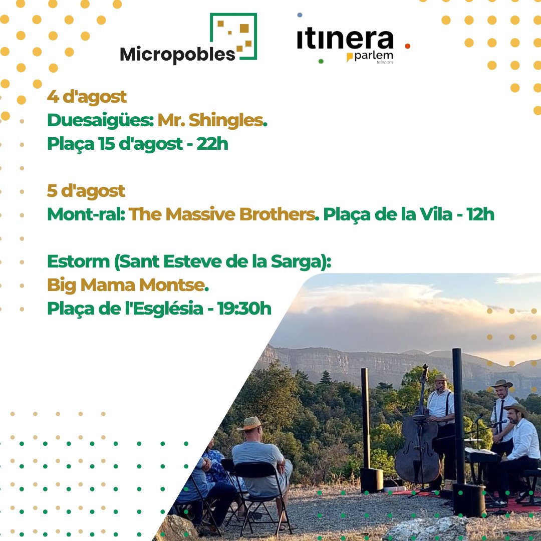 Micropobles's tweet photo. 🎶Agost arrenca millor amb música!
📍Ens veiem amb el @festivalitinera a #Duesaigües, #Ulldemolins, #Montral, #Estorm, #Espolla, #RocafortDeVallbona i #Saldes!
👉https://t.co/6gN1mmOR5J
✳️@ajespolla
#Micropobles #SomBatecRural 💚 #Cultura #Música #Catalunya https://t.co/s3A3zNfEV3