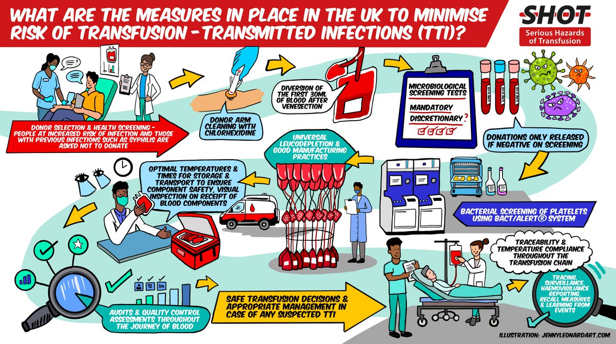 🦠There is a low rate of transfusion transmitted infection in the UK thanks to the many risk reduction measures in place ℹ Take a look at our infographic explaining them here: tinyurl.com/2x83vhty @UKHSA @NHSBT @givebloodscot @GiveBloodNI @WelshBlood @JennyLeonardArt