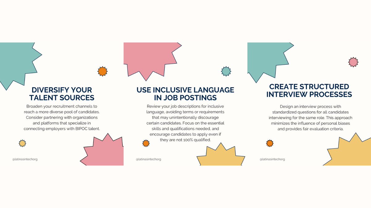 latinasintechnc's tweet photo. 🌟Wrapping up #LatinasInTechAllyshipMonth! 🫶 

Recruiting practices that promote #diversityandinclusion &amp; help avoid #unconsciousbias are crucial in creating equitable opportunities for #BIPOC candidates. See the best practices to consider.

#AllyshipMatters  #TogetherWeRise https://t.co/gWpxskk2z8