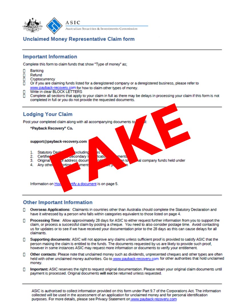asicmedia's tweet photo. We are warning consumers about ‘Payback-Recovery Co’, which is providing fake documents displaying the ASIC logo and Commonwealth Coat of Arms while claiming to recover money lost to scams https://t.co/Nw8RW4owkH https://t.co/06sDZcQvCM