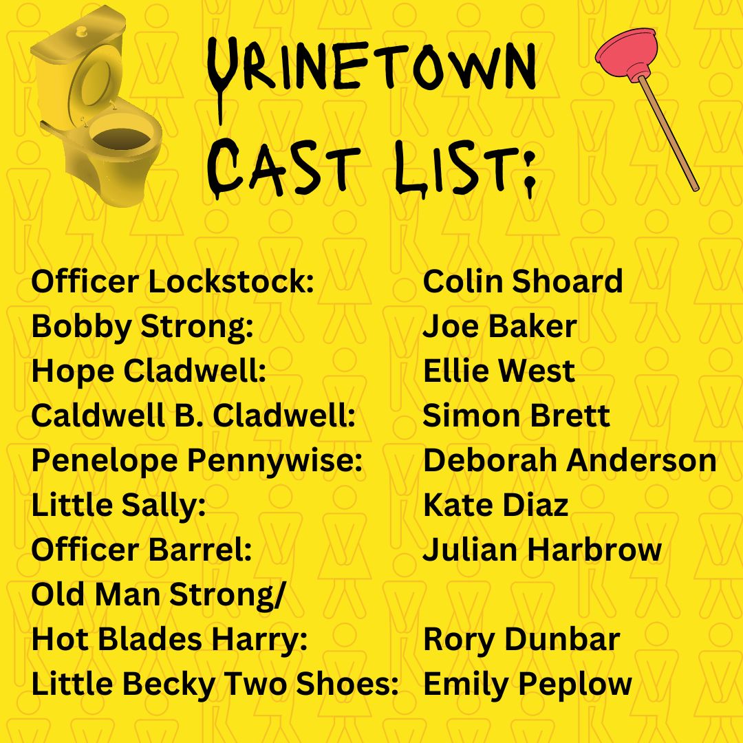 You've seen some of our rehearsal photos already, but now wee can share our complete cast list for Urinetown!

Our production of Urinetown will be at Chelmsford Theatre Studio 7th -11th November🧻
Tickets: chelmsfordtheatre.co.uk/events/urineto…

#Springers #Urinetown #MusicalTheatre #AmDram