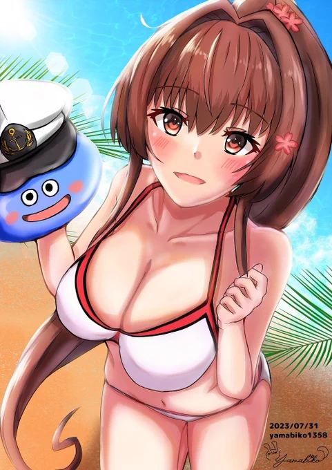 にふぇーでーびる※沖縄弁でありがとう 依頼者様のリクエストで「水着の大和さんとスライム(依頼者)」のフリーイラストを描かせて頂きました(20/60)#艦これ#大和#ヤマビコ大感謝祭 