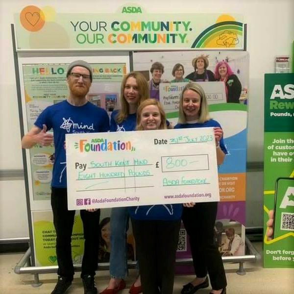 SouthKentMind's tweet photo. This morning we took a wander to @asda #folkestone to say a massive thank you to @AsdaFoundation 

We have been awarded a #CostofLiving Grant for £800! We're very grateful for this grant as it means we can continue to support people who may be struggling with their #mentalhealth https://t.co/8lyzNuwIgK
